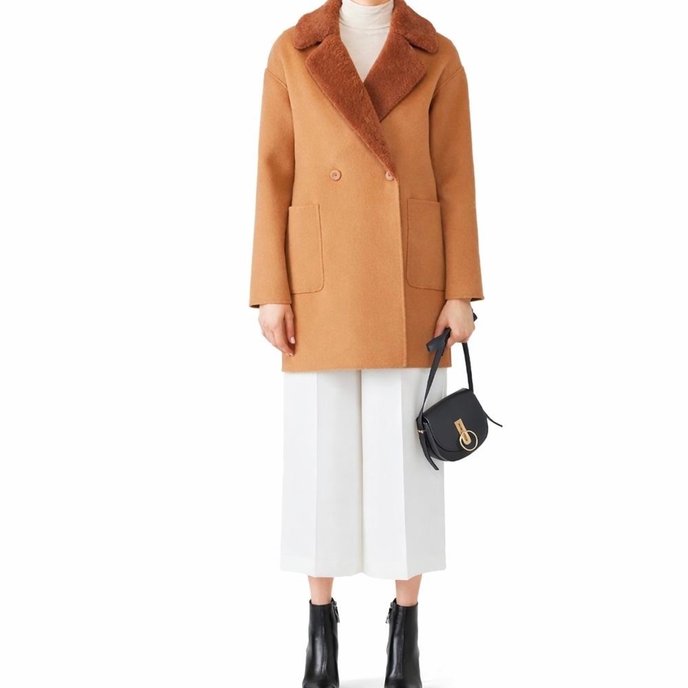 NWT Trina Turk Dawn Coat Camel Wool Blend with Faux Shearling Collar